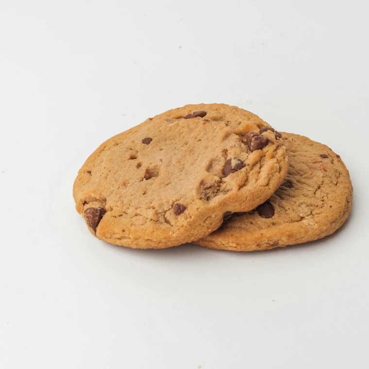Due biscotti con gocce di cioccolato su un piatto bianco
