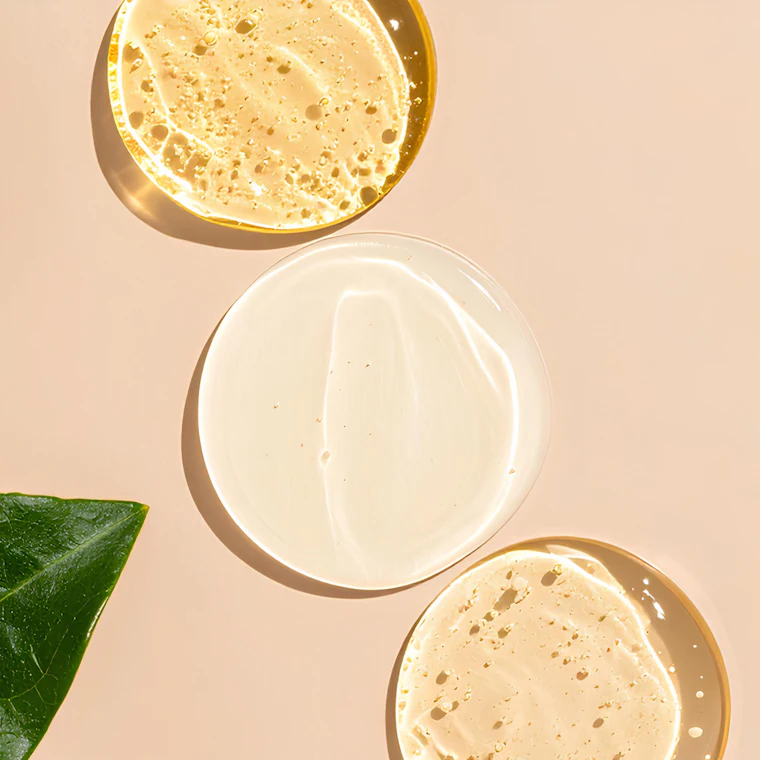 Gocce di gel e sieri cosmetici su fondo chiaro
