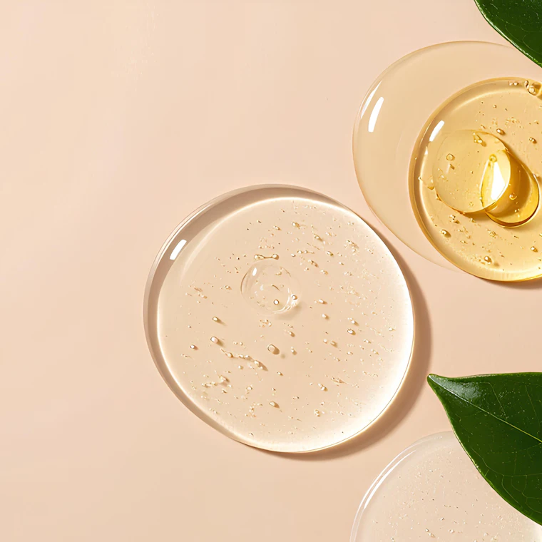 Gocce di formule cosmetiche con foglie verdi